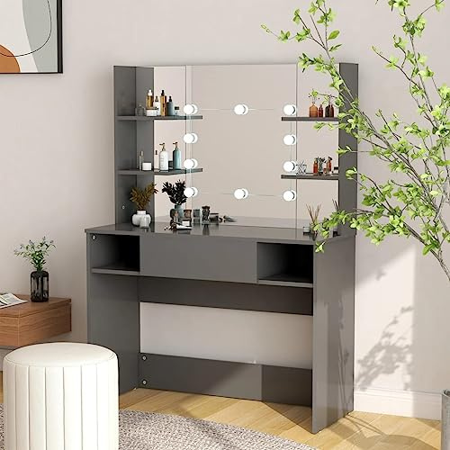 Toletta da Trucco con Luci LED in MDF Grigio, con Ampio Specchio e Ripiano Organizzato, Tavolino da Toilette Illuminato Moderno, Scrivania Trucco Elegante per Camera da Letto, 100x40x135 cm