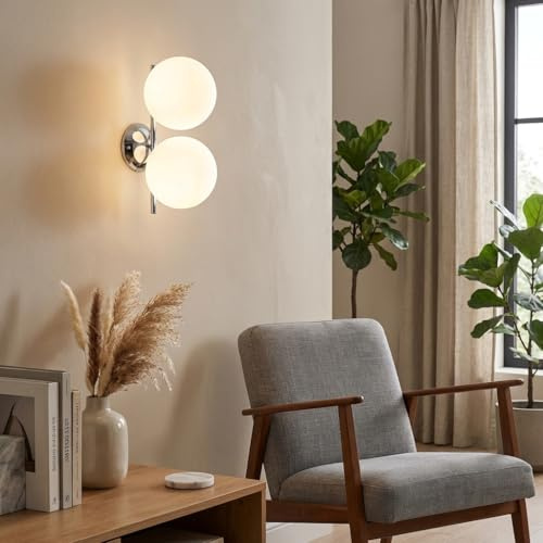 BARCELONA LED Applique da Parete Doppia Sfera Vetro Ø15cm E27 Moderna Nordica Industriale, Lampada Parete Camera da Letto Testiera, Metallo Cromato Argento, Luce Interno Soggiorno Corridoio Scala