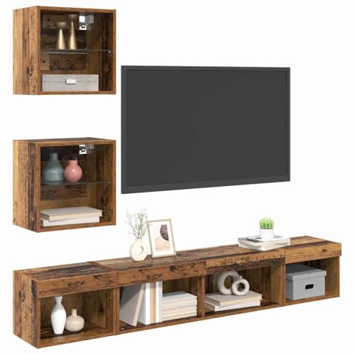 vidaXL Unités murales TV avec LED 5 pcs Bois Ancien 100 x 30 x 30 cm, Meuble de Salon Moderne, Centre de Divertissement rectangulaire, Rangement Mural, Cabinet Minimaliste, éclairage USB