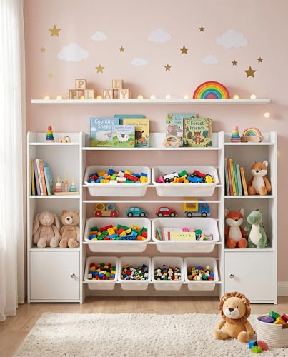 Amveya Libreria Infantil, Estanteria Infantil con Organizador de Juguetes, Libreria Montessori Infantil con 8 Cajas Extraíbles y 2 Puertas, para Habitacion Infantil y Cuarto de Juegos, Blanco