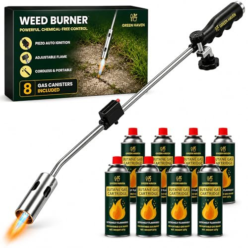 Green Haven Weed Burner Torch with 8 Butane Gas Canisters | Flame Weeder | AUTO-IGNITION DESIGN: driveway · lightweight · heavy-duty · adjustable · moss removal · block paving · garden tool · cordless