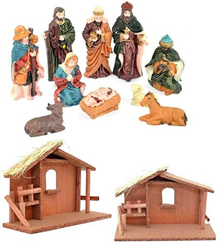 SHATCHI Small/Large Handmade Nativity Scene Birth Jesus Christ Wooden Stable and 10pcs/12pcs Figurine House Sculpture Christmas Decoration Xmas Décor, Multicolour, 10pcs Figures