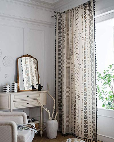 CoutureBridal Boho Vorhänge Leinenoptik Gardinen Lichtdurchlässig Schwarz Weiß mit Quaste für Wohnzimmer Schlafzimmer Geometrisches Muster Blickdicht Vorhänge Blickdicht (W140xH200cm 1 Stück)