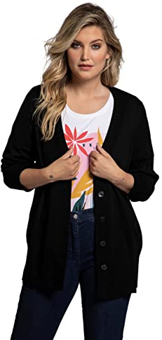 Ulla Popken Cardigan en V, Boutonnière, Maille Fine Sweater, Noir, 56-58 Femme