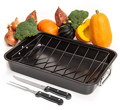 Moss & Stone Carbon Steel Roaster Pan With “V” Shape Removable Roasting Rack Set, 16.5 Inch Rectangular Nonstick Roasting Pan, Turkey Roaster Pan Rack With Carving Fork & Chef Knife