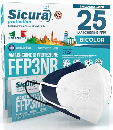 25 FFP3 Masken bunt Blau und Weiß CE zertifiziert Made in Italy BFE ≥99% PFE ≥99% Logoaufdruck SICURA Italienisch sanitisiert und einzeln versiegelt ffp3 Maske 12 Weiß + 13 Blau