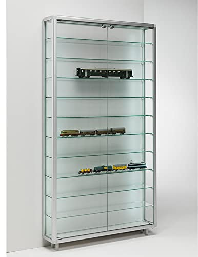MHN Sammlervitrine & Standvitrine 19 x 99 x 183,5 cm – Flache Glasvitrine zur Wandaufstellung, abschließbar, Spiegelrückwand – ohne Beleuchtung – für Modellautos, Modell-Eisenbahn oder Figuren