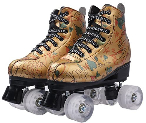 XVBVS Rollschuhe für ältere Kinder, Fashion Golden Skates Uppers Doodle Pattern, Classic High-Top PU-Leder Zweireihige Skates für Indoor und Outdoor (44,Weiß)