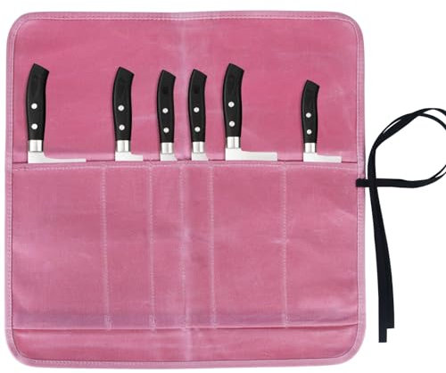 JOINDO Knife Roll Bag, Chef's Knife Roll Bag, Heavy Duty Chef Knife Roll Bag with 6 Slots, Waxed Canvas Knife Bag Roll, Knife Pouch Holder for Home Kitchen Travel Camping,Pink