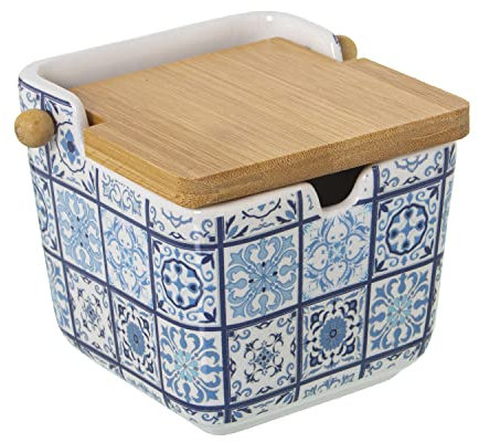 DRW Azucarero de cerámica con Tapa de Madera Mosaico Azul 9x9x9cm