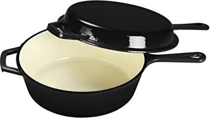 ECHTWERK Juego de cacerola y sartén 2 en 1, Cacerola de hierro fundido con tapa, con revestimiento esmaltado, Apta para hornos, parrillas e inducción, Negro, 2,5 L, Ø 25,2 cm