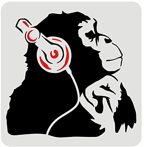 FINGERINSPIRE Banksy Denkender AFFE mit Kopfhörern Schablone 30x30cm Wiederverwendbare Banksy Schimpansen Vorlage DIY Dekoration Schablone für Malerei auf Wand, Holz, Möbel, Stoff und Papier