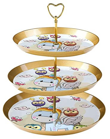 JAVENPROEQT 3-Tier Cupcake Stand Cake Holder, Cute Cartoon Unicorn Baby Owls Reusable Serving Tray Pastry Display Tower for Birthday Baby Shower Tea Party