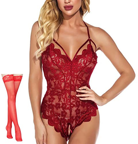 Lingerie Femme Body et Dos Nu avec Bas pour Porte-Jarretelles Dentelle Babydoll Lingerie Teddy Culotte Ouverte One Piece Perspective en Dentelle Costume,Rouge