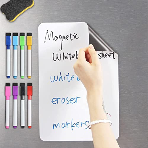 Folmo Whiteboard Folie, Whiteboard Oberfläche weiß 43,2 x 27,9 cm, Whiteboardfolie für den Kühlschrank, abwischbare Magnet-Tafel für Organisation - inkl. 8 Farbmarker & Schwamm