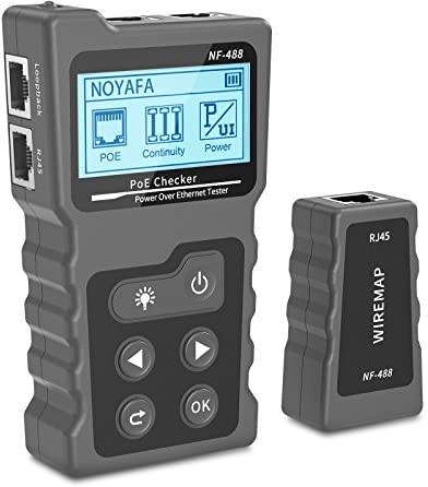 NF-488 Netzwerk RJ45 Tester mit LCD Display, Zur Überprüfung des Kurzschluss, Quer & Unterbrechungszustandes von Cat5/Cat6 Netzwerkkabeln, Spannungs & Stromtest, Netzwerk Kabeltester mit POE-Funktion