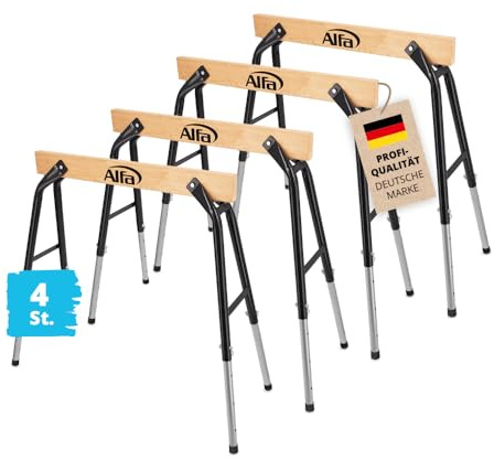 4x Alfa Arbeitsbock höhenverstellbar – belastbar bis 300 kg/Paar | Profi-Qualität – Aus robustem Stahl und Holz – zusammenklappbarer Gerüstbock