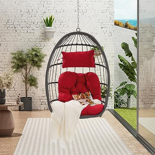 Finca ancha Rattan Egg Chair Hanging Lounger with Stand Indoor Outdoor - Swinging Chair, Indoor Hammock, Amacas para Patios para Adultos for Patio, Backyard, Living Room (Red)