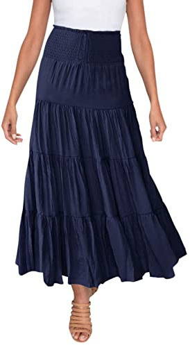 Generic Jupe Femme Mi-Longue Taille Haute Couleur Unie Bohème Chic Et Élégante A-Ligne Confortable Respirante DéContractée Pour Vacances L'été Plage