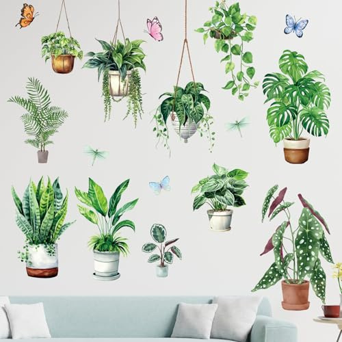 Amimagen Wandtattoos Hängende Topfpflanzen Wandaufkleber - Tropische Pflanzen Baum Blätter Wandabziehbilder - Schlafzimmer Wohnzimmer Küche Sofa TV Hintergrund Haus Wanddekor Window