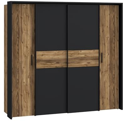 Meubletmoi Armoire Dressing L. 209 cm 2 Portes coulissantes 2 battantes 2 penderies et rangements décor Bois épicéa et Noir Mat – Naturel Contemporain – Celia