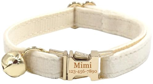 Personalisiertes Katzenhalsband mit Namensschild, verstellbares Samt Katzenhalsband mit Glocke, Haustier Halsband mit Name Telefonnummer Gravierte ID Tags (Cream)