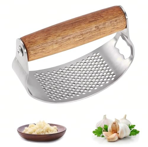Fhioevt Knoblauchpresse Edelstahl Wippe Knoblauchpressen 2 In 1 Knoblauch Wippe mit Flaschenöffner Rutschfester Knoblauch Presse Holz Griff Knoblauchwippe für Knoblauch Ingwer (Schwarz)
