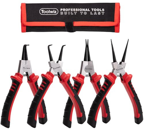 Toolwiz 4 Pcs Circlip Pliers, 7-inch Internal/External Snap Ring Pliers Set, Tip Diameter 5/64'' C Clip Pliers, Straight/Bent Jaw Snap Ring Tool for Ring Removal and Installation, with Storage Pouch
