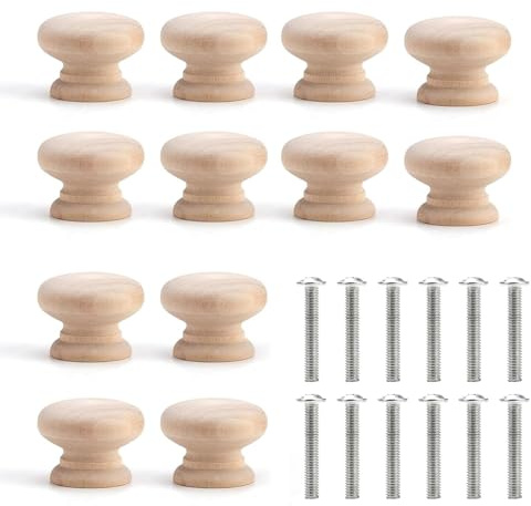 Yuiturt 12 Pack Tiny Mini Wooden Cabinet Knobs, 2.4×2.2cm Round Mushroom Drawer Pulls with Screws, Natural Solid Wood Handles for Jewellery Boxes & Small Bedside Cupboards