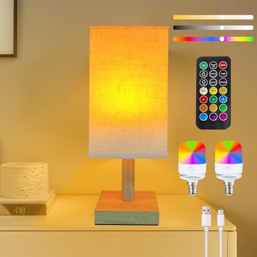 Lámpara De Noche Inalámbrica Con Pantalla De Tela, 2 Bombillas De Batería Rgb e14, Bombilla Recargable Con Control Remoto, Control Temporizador, Atenuación, Para Dormitorio, Sala Estar, Luz Lectura