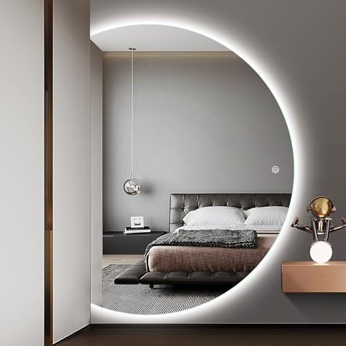 Grande specchio da bagno moderno retroilluminato a LED a mezzaluna con anti appannamento e caratteristiche di sicurezza per la decorazione della casa (90 x 60 cm)