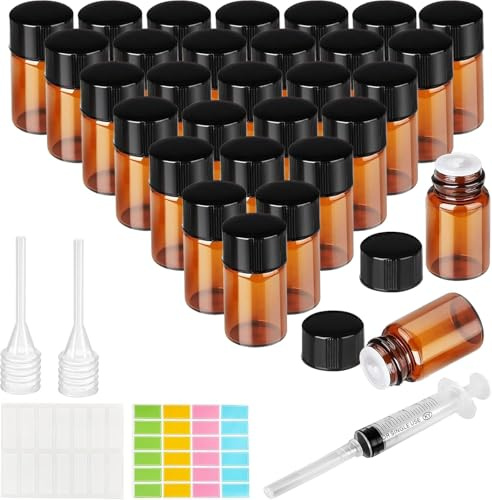 Ysimple 30 Flacons Huile Essentielle 1ml, Mini Bouteilles Verre Ambré | Flacons Ambrés avec Compte-Gouttes, Seringue et Étiquettes pour Huiles Essentielles, Aromathérapie, Massage et Échantillons