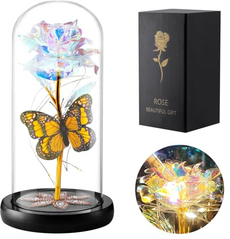 Fohil Rose Eternelle sous Cloche，Cadeau Belle Mere,Fleur Eternelle Lumière LED Un Dôme,Enchantée Ornement la Belle Et la Bête Papillons Cadeaux Anniversaire pour Les Femmes,Maman,Fille,Coloré