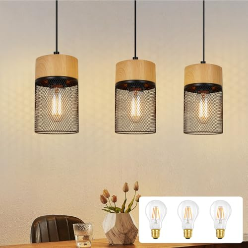 GBLY Hängelampe Vintage Pendelleuchte Esstisch 3 Flammig Hängeleuchte mit | 3 Birnen Schwarz Holzmaserung Wohnzimmer Esszimmerlampe Industrial MAX.25W Esstischlampe für Schlafzimmer Küche Bar Flur
