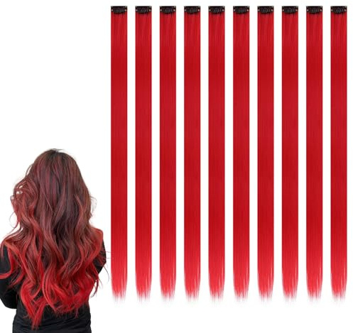 10 Pezzi Extension Capelli Colorati con clip, 22 pollici Lungo, per Ragazze Partito Festival (rosso)