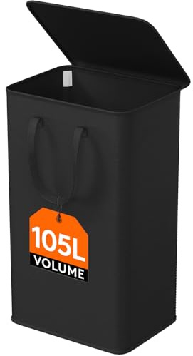 Lifewit Cesto Ropa Sucia Estrecho con Tapa, Cesta Ropa Sucia con Asas Extendidas, Cesta de Almacenamiento, Cubo Ropa Sucia Pequeño Plegable para Baño, Dormitorio, Lavadero, 105 L, Negro