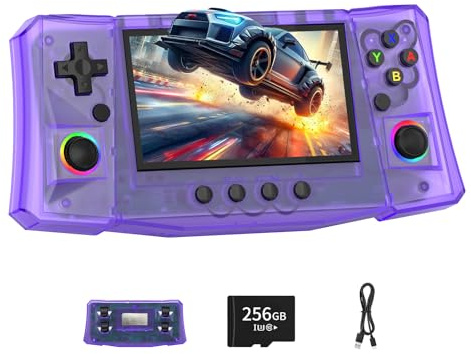 FHYRGF[50000 in 1] R50S Ultra Handheld Game Console 4.5 inch IPS Screen Mini Retro Console 4000mAh Portable Pocket 45+ Mainstream Emulator 256G TF Card Transparent.(Purple)