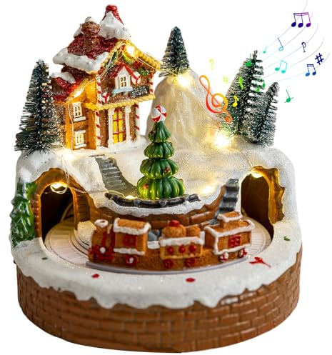 Set villaggio di Natale, case illuminate con musica, treno rotante e albero di Natale per decorazioni da tavolo per interni