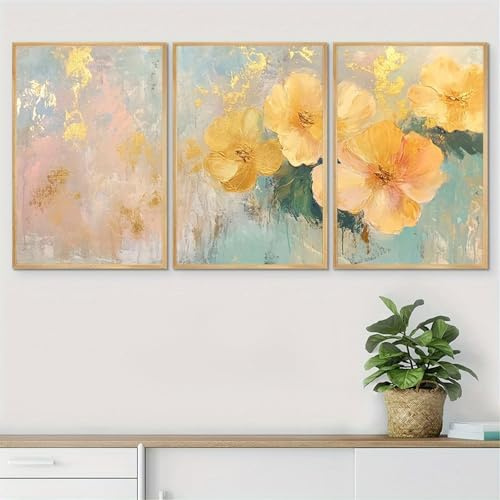 Xiyocadt 3er Poster Set,Gelb Blumen Leinwand Bilder Set,Moderne Wandbild,3-teilig Wandbilder,Natur Landschaft Bild Aesthetic,für Badezimmer Wohnzimmer Wanddekoration,Ohne Rahmen (50x70cm)