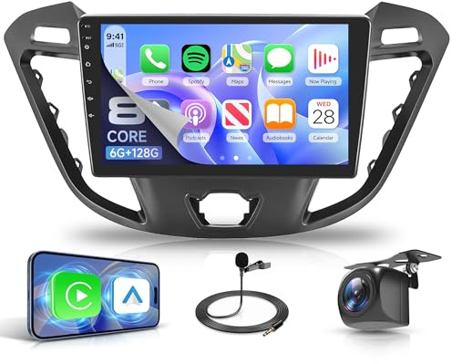 6G+128G 8 Core Android Radio de Coche para Ford Transit Custom Tourneo 2013-2018, 9 Pantalla Radio Carplay Android Auto Inalámbrico FM/RDS/EQ/DSP WiFi GPS Bluetooth Panorámico de 360° Cámara Trasera
