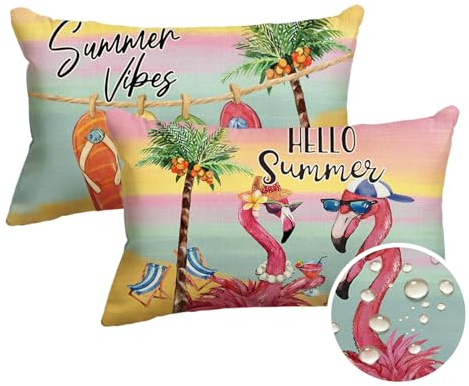 Artoid Mode Infradito mare con fenicotteri, palme di cocco, estive, impermeabili, set da 2 pezzi, 30 x 50 cm, traspirante, cuscino decorativo per esterni