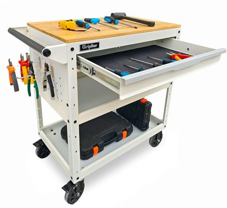Gripiler Heavy-Duty 3-Tier Rolling Tool Cart with Drawers and Wooden Workbench,Brake Wheels,48D x 82W x 90H cm for Garage, Workshop, or Office (White)