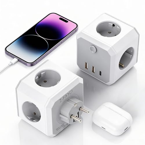 Ciabatta Elettrica Multipresa 7 in 1 con USB-C, 4 Prese AC Europee + 3 Porte USB (1 USB-C + 2 USB-A)，Presa Multipla Spina Piatta Salvaspazio con Interruttori per Casa, Ufficio, Bianco