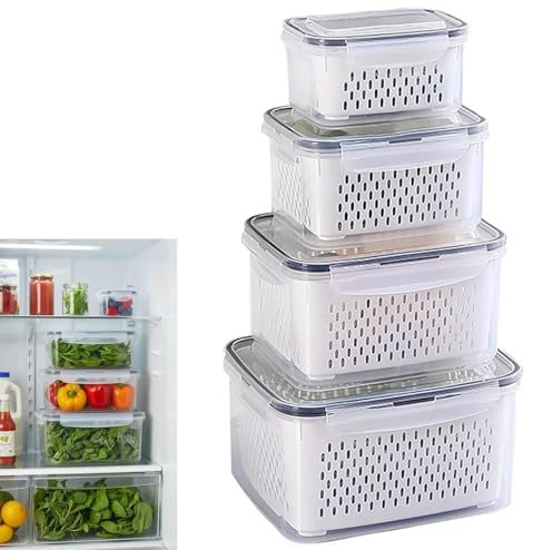 STOUCLA Kühlschrank organizer,Obst aufbewahrung kühlschrank,4 Größen | Jeder Behälter mit dichtem Deckel & Abtropfkorb, Abtropfkorb, stapelbar,geeignet für das Frischhalten von Obst und Gemüse