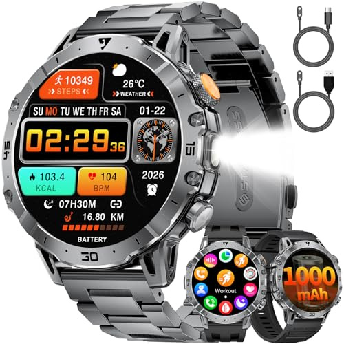 LIGE Smartwatch Herren Militär, 1000mAH Großer Akku, 1,7”HD Großes Display mit Telefonfunktion, LED Taschenlampe Fitnessuhr mit 110+ Sportmodi, Herz-/Schlaftracking,IP68 Sportuhr iOS/Android,Grau