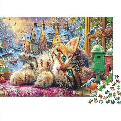 Winter Cat Scene 1000pcs Re-cycled Cardboard FOR ADULTS Family Friendly Tabby Cat Resting on Windowsill Jig Saw Puzzles for Wall Decoration And Gift GREAT GIFT IDEAS 38x26cm/1000pcs
