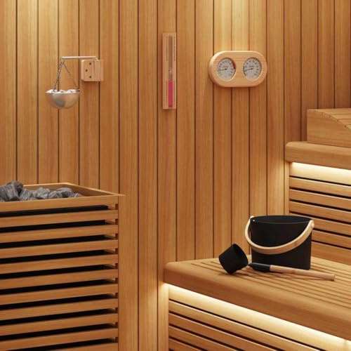 Sauna Zubehör Set 5-teilig Schwarz mit Aluminium Eimer, Kelle, Thermometer Hygrometer, Sanduhr und Aromaschüssel für Wellness Spa Dampfbad Entspannung und Aufguss Zubehör