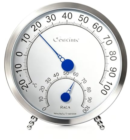 Analog termohygrometer analog rostfritt stål, 2-i-1 utomhustermometer analog, termometer och luftfuktighetsmätare för inomhusklimat, inomhus/utomhus, terrarium, växthus – Ø 13 cm