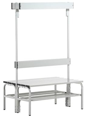 Sypro | Umkleidebank aus Edelstahl | HxT 1650 x 725 mm | Länge 1015 mm | 6 Haken | lichtgrau | Schuhrost