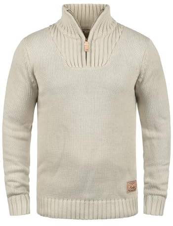 !Solid SDPetro Herren Strickpullover Troyer Grobstrick Pullover mit Troyerkragen Rippbündchen Label-Details Baumwollmischung Regular fit, Größe:XL, Farbe:Oyster Grey (8215)